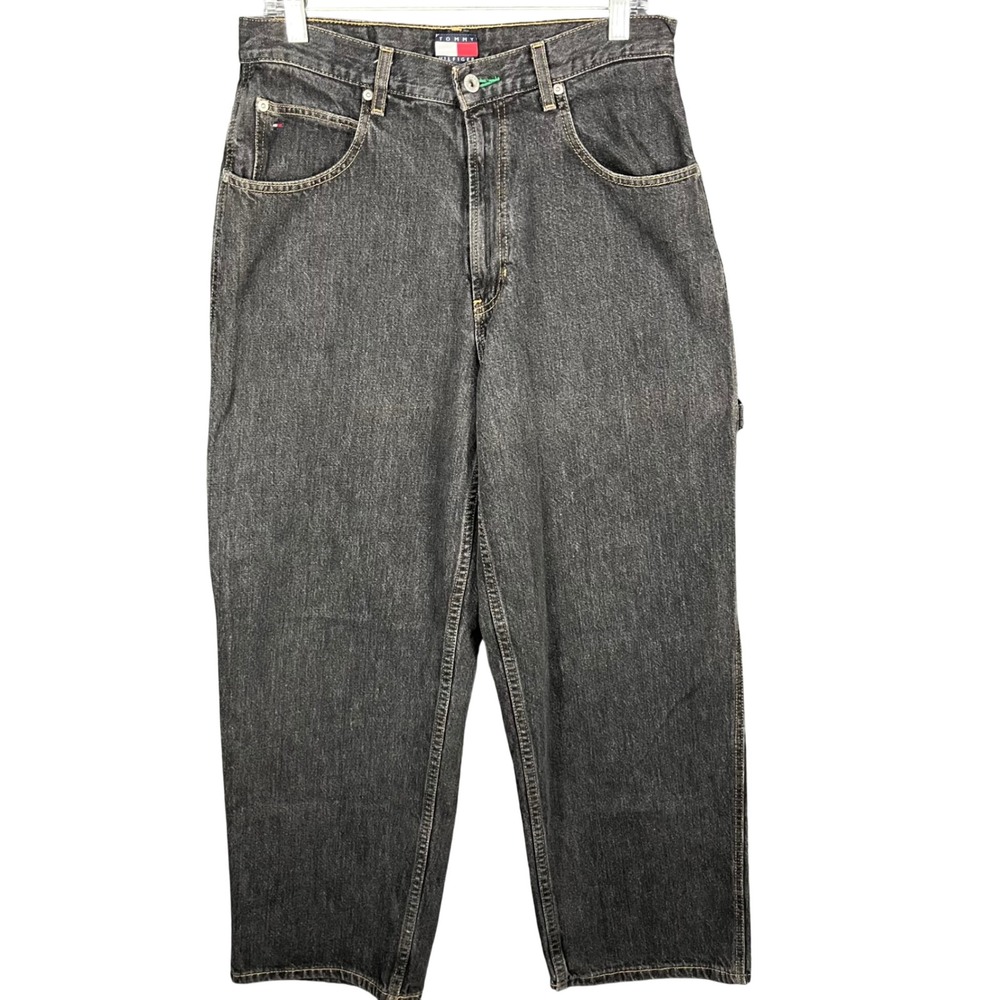 VTG Tommy Hilfiger Carpenter Jeans Mens 30 Black Faded Utility Relaxed Fit Denim